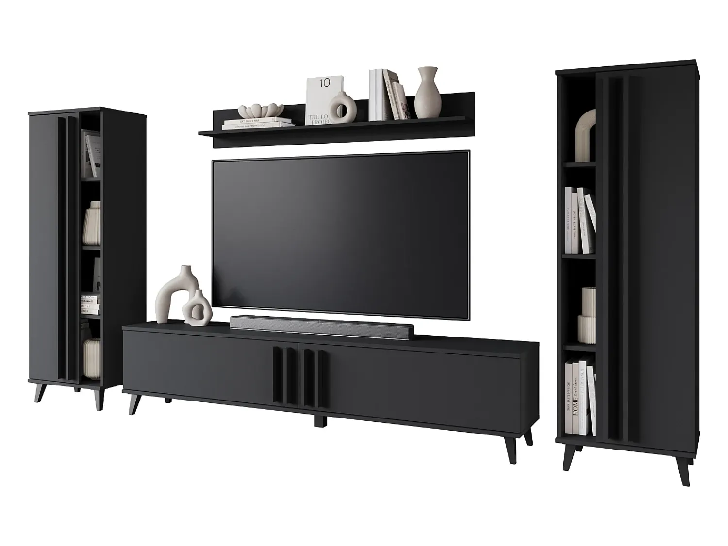 Móvel De Tv| Conjunto de sala 180 cm sobre pés – conjunto de TV moderno com estantes e prateleira, mate Preto
