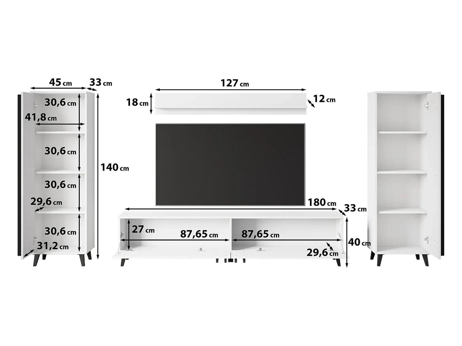 Móvel De Tv| Conjunto de sala 180 cm sobre pés – conjunto de TV moderno com estantes e prateleira, mate Preto