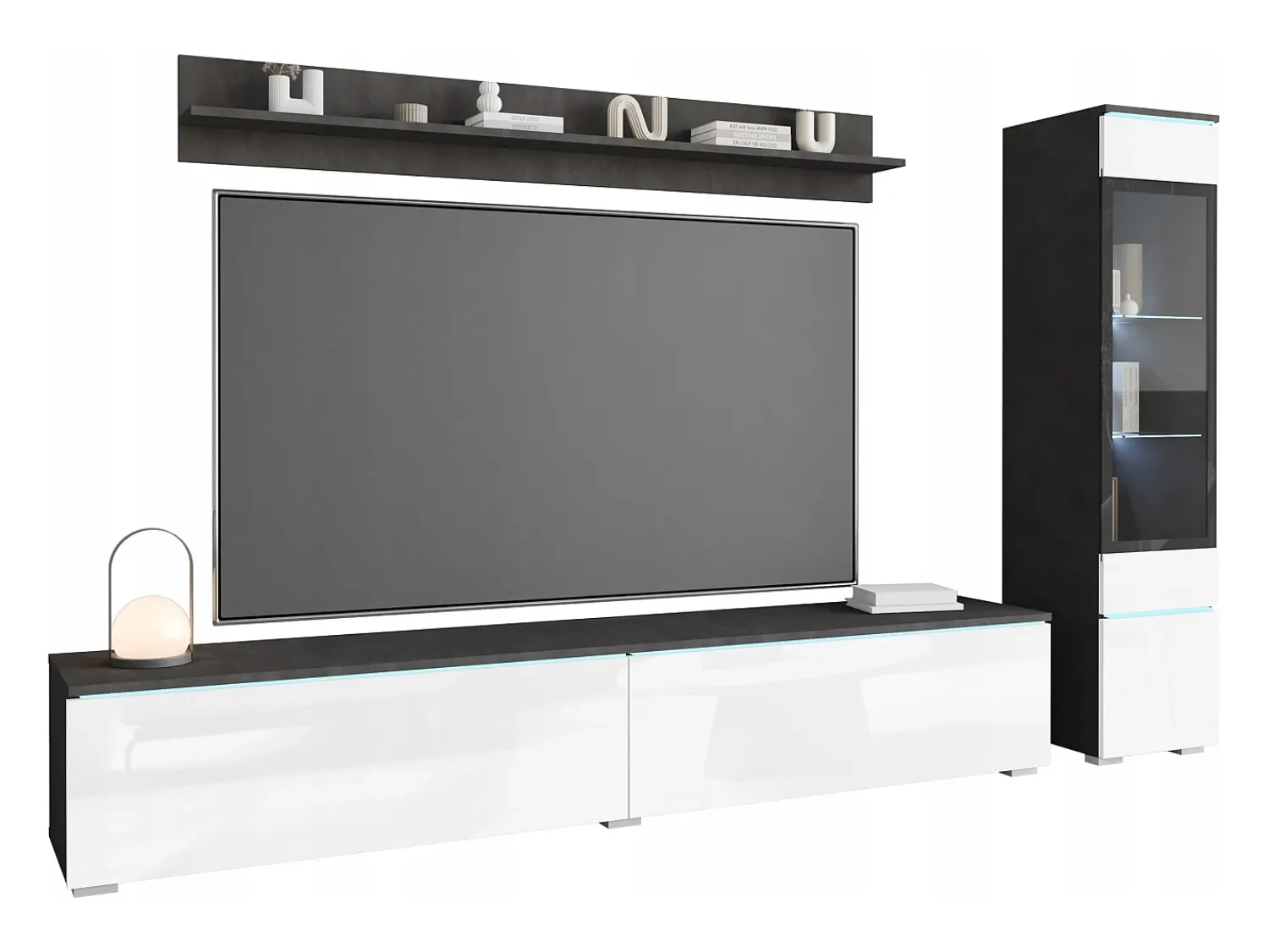 Móvel De Tv| Conjunto de sala 3 elementos com LED – móvel de TV 180 cm, vitrina e prateleira, de chão ou suspenso, corpo antracite, frentes branco brilho Cinza antracite