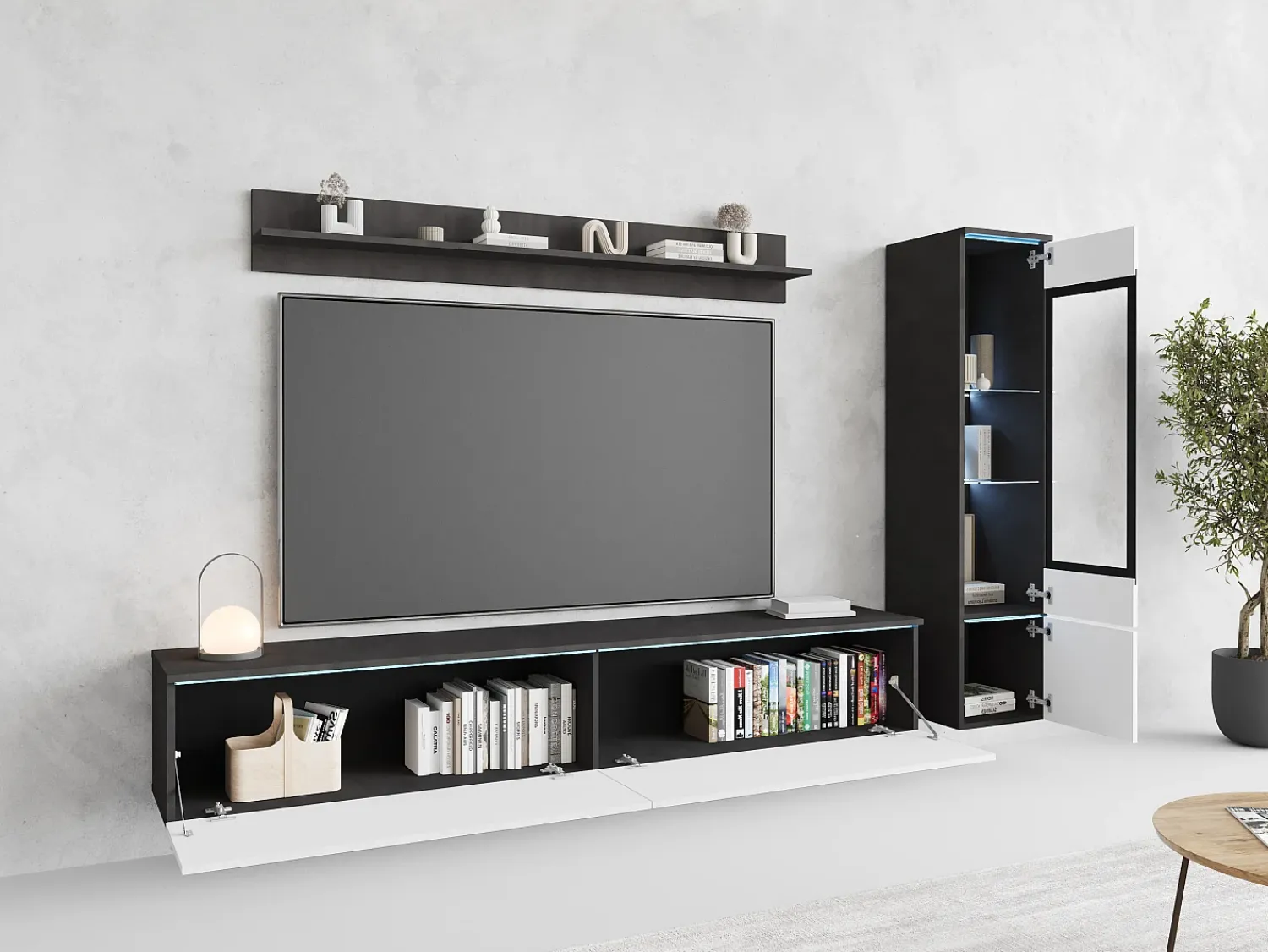 Móvel De Tv| Conjunto de sala 3 elementos com LED – móvel de TV 180 cm, vitrina e prateleira, de chão ou suspenso, corpo antracite, frentes branco brilho Cinza antracite