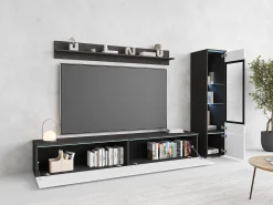 Móvel De Tv| Conjunto de sala 3 elementos com LED – móvel de TV 180 cm, vitrina e prateleira, de chão ou suspenso, corpo antracite, frentes branco brilho Cinza antracite
