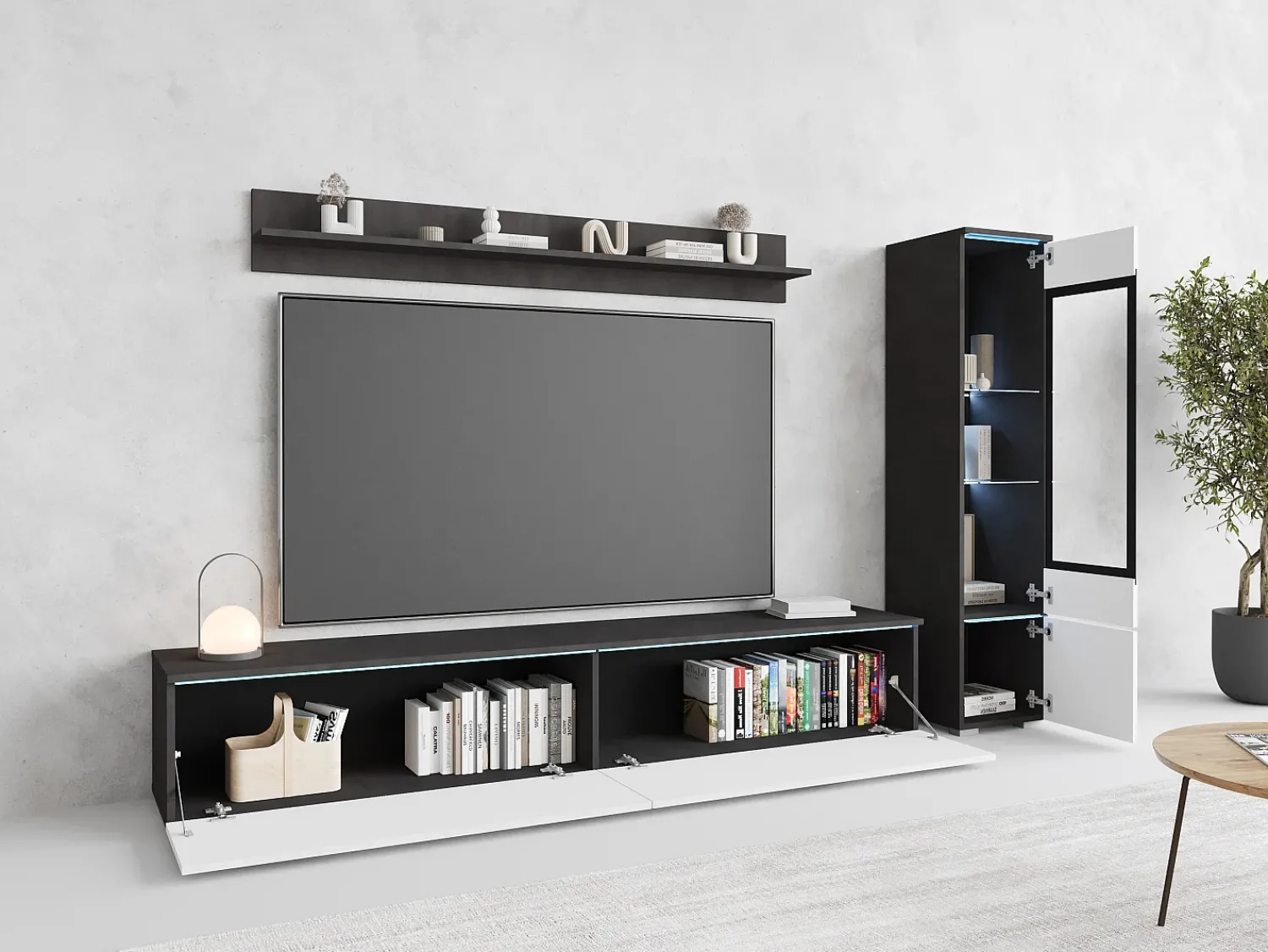 Móvel De Tv| Conjunto de sala 3 elementos com LED – móvel de TV 180 cm, vitrina e prateleira, de chão ou suspenso, corpo antracite, frentes branco brilho Cinza antracite
