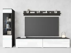 Móvel De Tv| Conjunto de sala 3 elementos com LED – móvel de TV 180 cm, vitrina e prateleira, de chão ou suspenso, corpo antracite, frentes branco brilho Cinza antracite