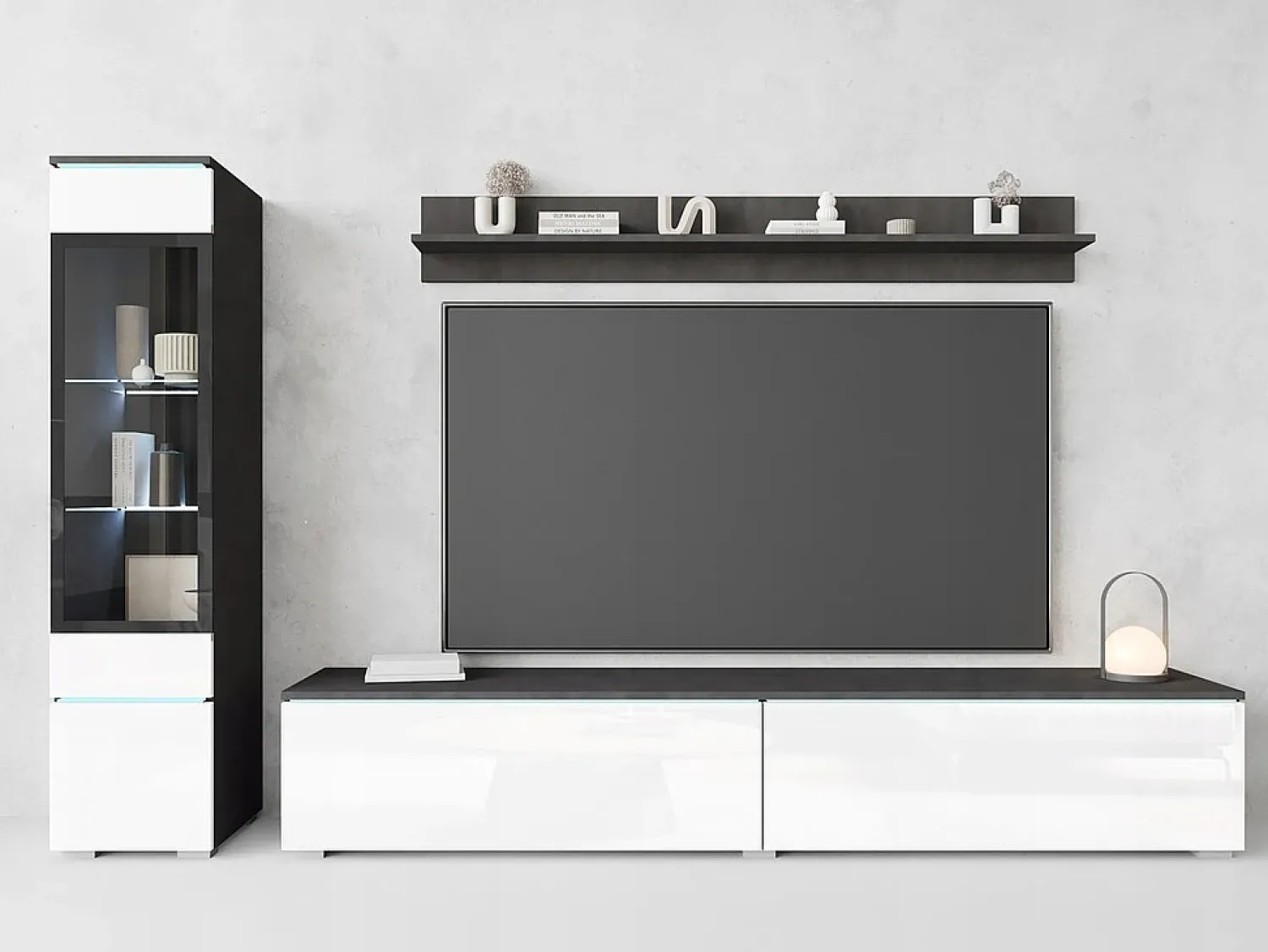 Móvel De Tv| Conjunto de sala 3 elementos com LED – móvel de TV 180 cm, vitrina e prateleira, de chão ou suspenso, corpo antracite, frentes branco brilho Cinza antracite