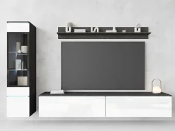 Móvel De Tv| Conjunto de sala 3 elementos com LED – móvel de TV 180 cm, vitrina e prateleira, de chão ou suspenso, corpo antracite, frentes branco brilho Cinza antracite
