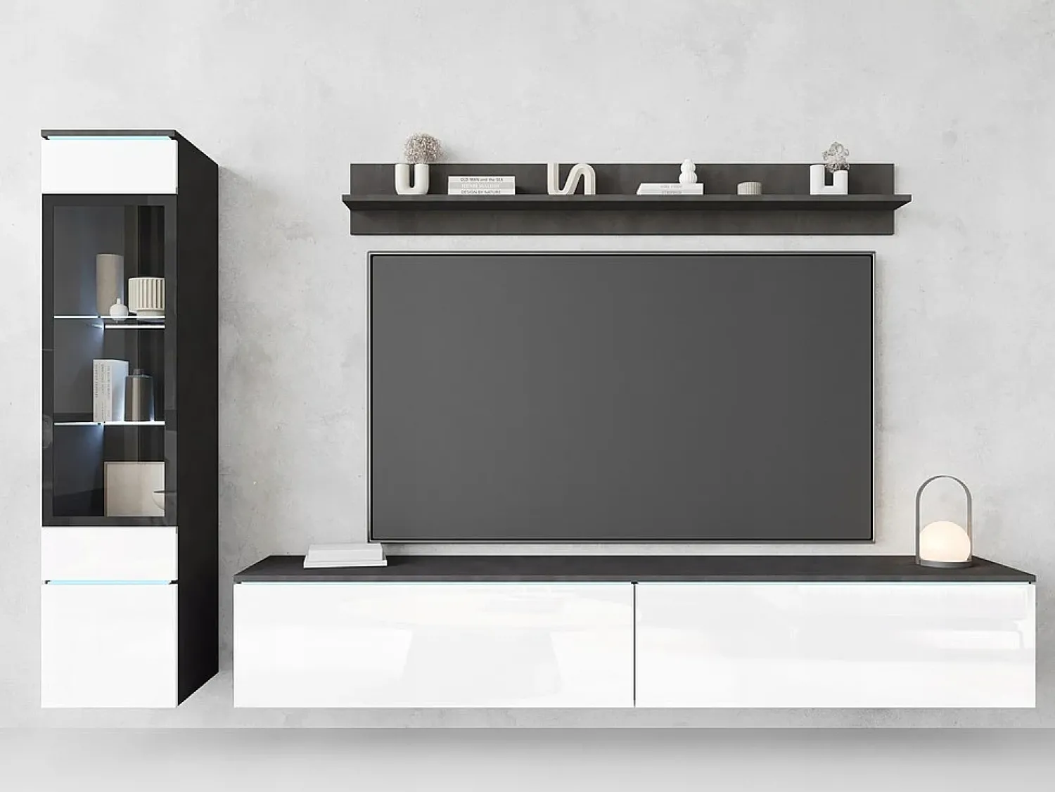 Móvel De Tv| Conjunto de sala 3 elementos com LED – móvel de TV 180 cm, vitrina e prateleira, de chão ou suspenso, corpo antracite, frentes branco brilho Cinza antracite