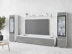Móvel De Tv* Conjunto de sala com LED 4 elementos – móvel de TV 180 cm, 2 vitrinas e prateleira, de chão ou suspenso, corpo branco mate, frentes cinzento brilho Multicor