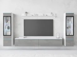 Móvel De Tv* Conjunto de sala com LED 4 elementos – móvel de TV 180 cm, 2 vitrinas e prateleira, de chão ou suspenso, corpo branco mate, frentes cinzento brilho Multicor