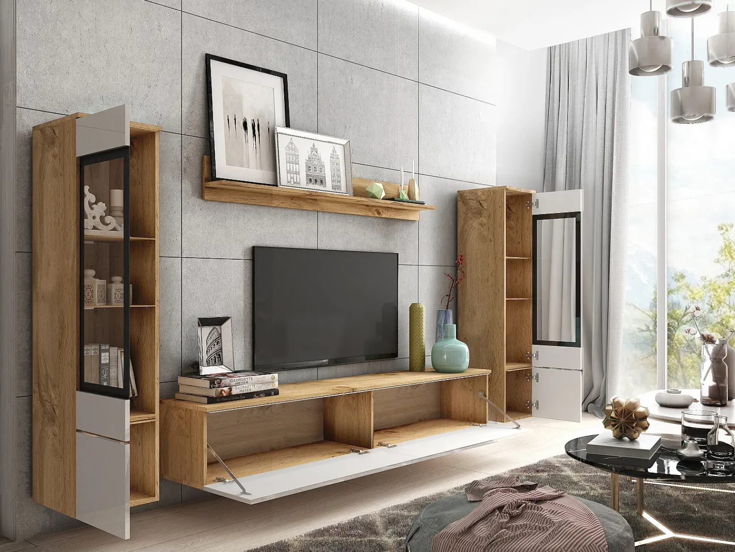 Sale Conjunto de sala com LED 4 elementos – móvel de TV 180 cm, 2 vitrinas e prateleira, de chão ou suspenso, corpo carvalho Wotan, frentes branco brilho Natural escuro