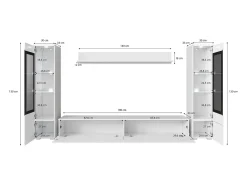 Sale Conjunto de sala com LED 4 elementos – móvel de TV 180 cm, 2 vitrinas e prateleira, de chão ou suspenso, corpo carvalho Wotan, frentes branco brilho Natural escuro
