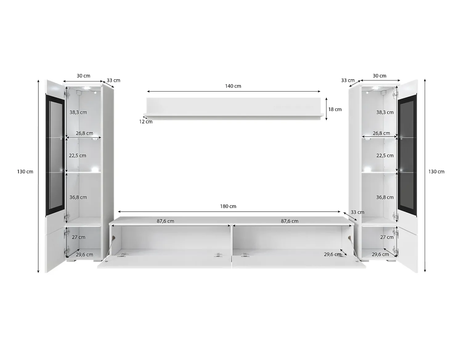 Sale Conjunto de sala com LED 4 elementos – móvel de TV 180 cm, 2 vitrinas e prateleira, de chão ou suspenso, corpo carvalho Wotan, frentes branco brilho Natural escuro