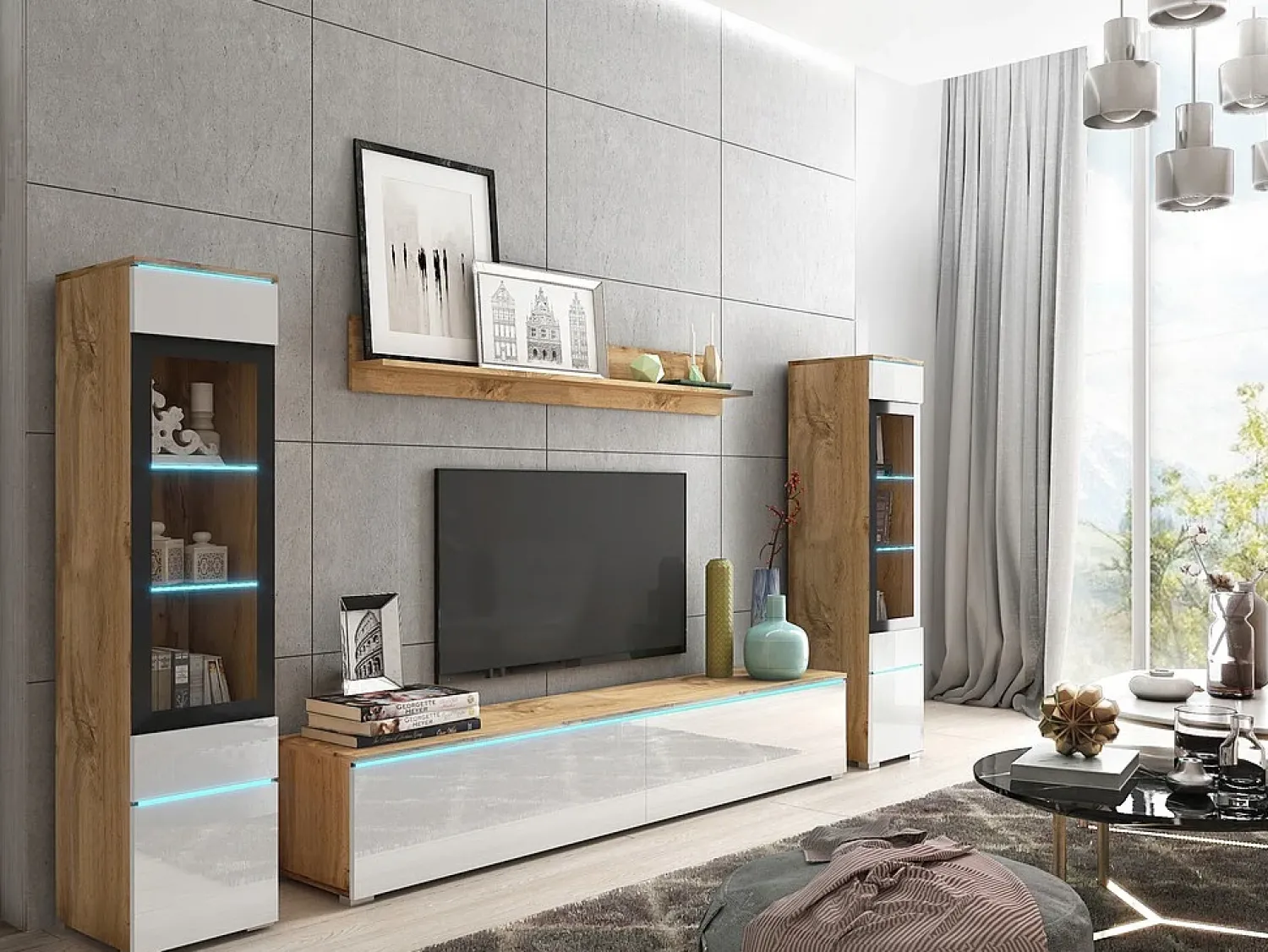 Sale Conjunto de sala com LED 4 elementos – móvel de TV 180 cm, 2 vitrinas e prateleira, de chão ou suspenso, corpo carvalho Wotan, frentes branco brilho Natural escuro