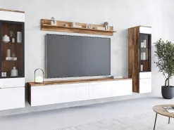 Sale Conjunto de sala com LED 4 elementos – móvel de TV 180 cm, 2 vitrinas e prateleira, de chão ou suspenso, corpo carvalho Wotan, frentes branco brilho Natural escuro