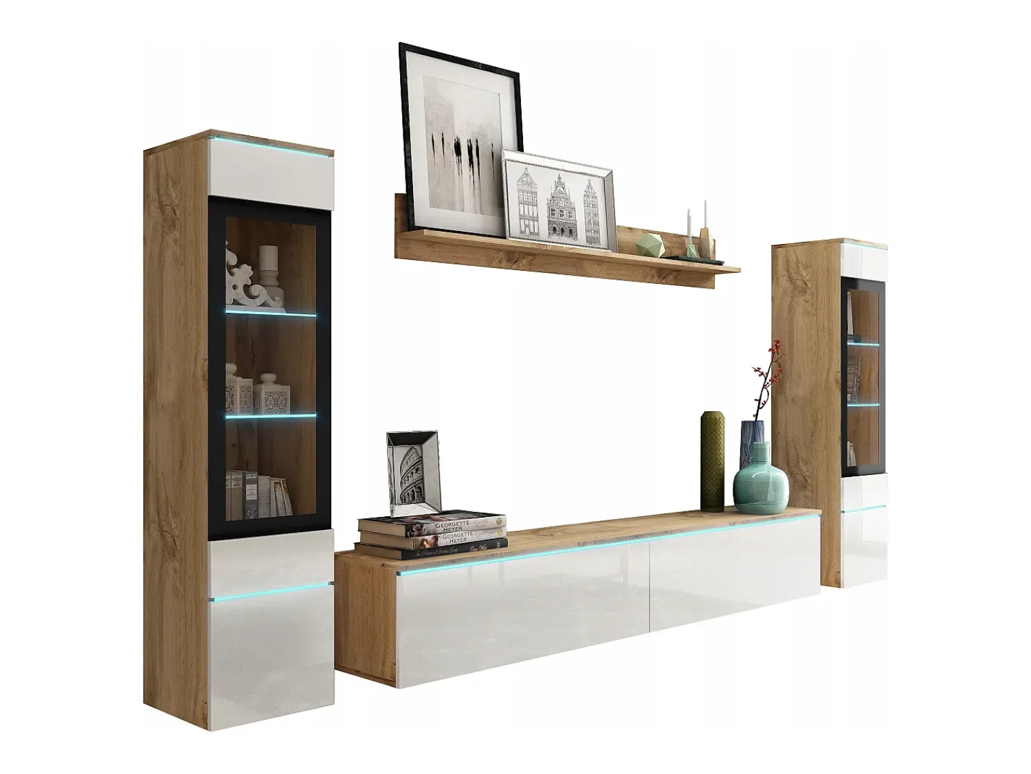 Sale Conjunto de sala com LED 4 elementos – móvel de TV 180 cm, 2 vitrinas e prateleira, de chão ou suspenso, corpo carvalho Wotan, frentes branco brilho Natural escuro