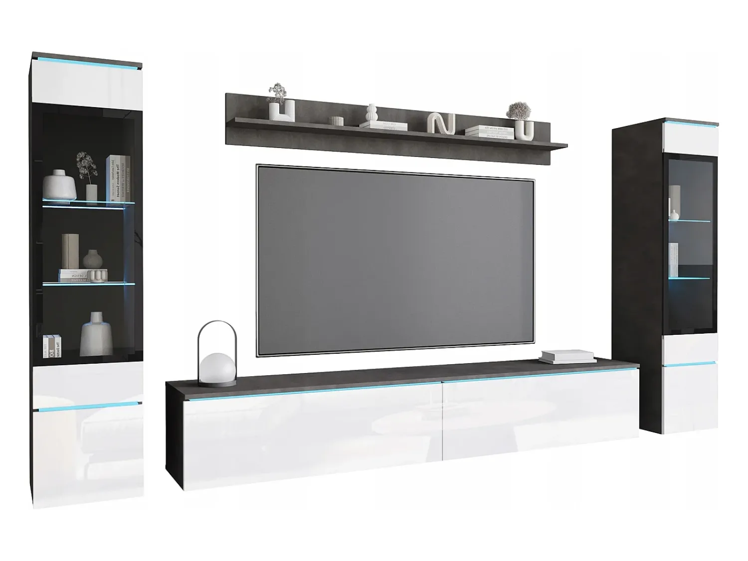 Móvel De Tv* Conjunto de sala com LED 4 elementos – móvel de TV 180 cm, 2 vitrinas e prateleira, de chão ou suspenso, corpo antracite, frentes branco brilho Cinza antracite
