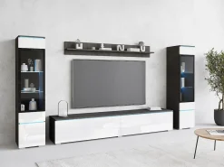 Móvel De Tv* Conjunto de sala com LED 4 elementos – móvel de TV 180 cm, 2 vitrinas e prateleira, de chão ou suspenso, corpo antracite, frentes branco brilho Cinza antracite
