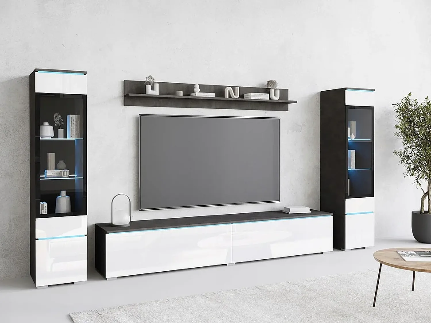 Móvel De Tv* Conjunto de sala com LED 4 elementos – móvel de TV 180 cm, 2 vitrinas e prateleira, de chão ou suspenso, corpo antracite, frentes branco brilho Cinza antracite