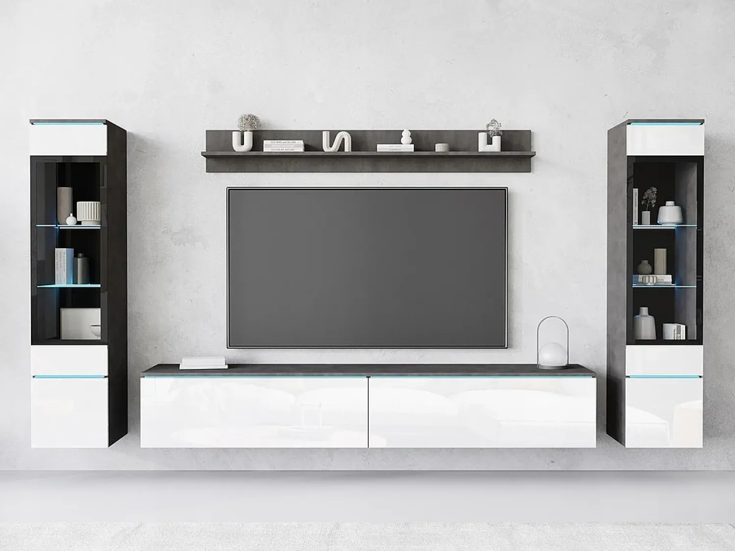Móvel De Tv* Conjunto de sala com LED 4 elementos – móvel de TV 180 cm, 2 vitrinas e prateleira, de chão ou suspenso, corpo antracite, frentes branco brilho Cinza antracite