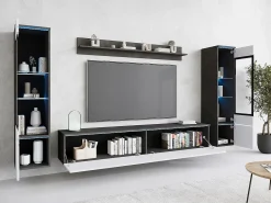 Móvel De Tv* Conjunto de sala com LED 4 elementos – móvel de TV 180 cm, 2 vitrinas e prateleira, de chão ou suspenso, corpo antracite, frentes branco brilho Cinza antracite