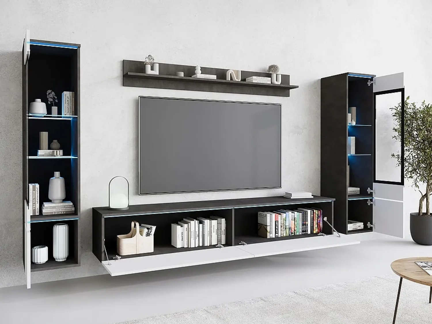 Móvel De Tv* Conjunto de sala com LED 4 elementos – móvel de TV 180 cm, 2 vitrinas e prateleira, de chão ou suspenso, corpo antracite, frentes branco brilho Cinza antracite