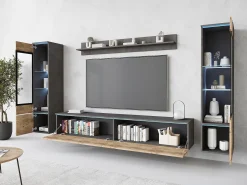 New Conjunto de sala com LED 4 elementos – móvel de TV 180 cm, 2 vitrinas e prateleira, de chão ou suspenso, corpo antracite, frentes castanho mate Multicor