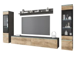 New Conjunto de sala com LED 4 elementos – móvel de TV 180 cm, 2 vitrinas e prateleira, de chão ou suspenso, corpo antracite, frentes castanho mate Multicor