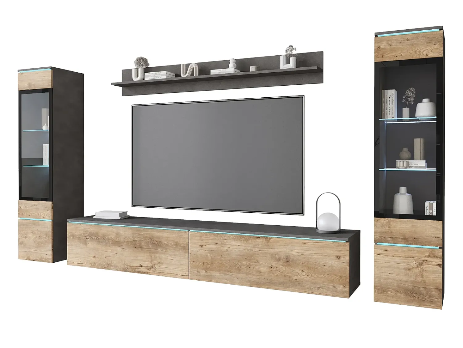 New Conjunto de sala com LED 4 elementos – móvel de TV 180 cm, 2 vitrinas e prateleira, de chão ou suspenso, corpo antracite, frentes castanho mate Multicor