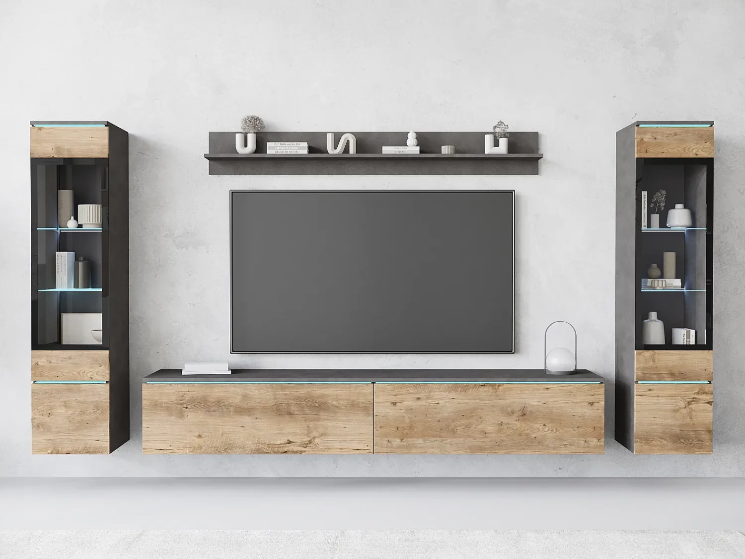 New Conjunto de sala com LED 4 elementos – móvel de TV 180 cm, 2 vitrinas e prateleira, de chão ou suspenso, corpo antracite, frentes castanho mate Multicor