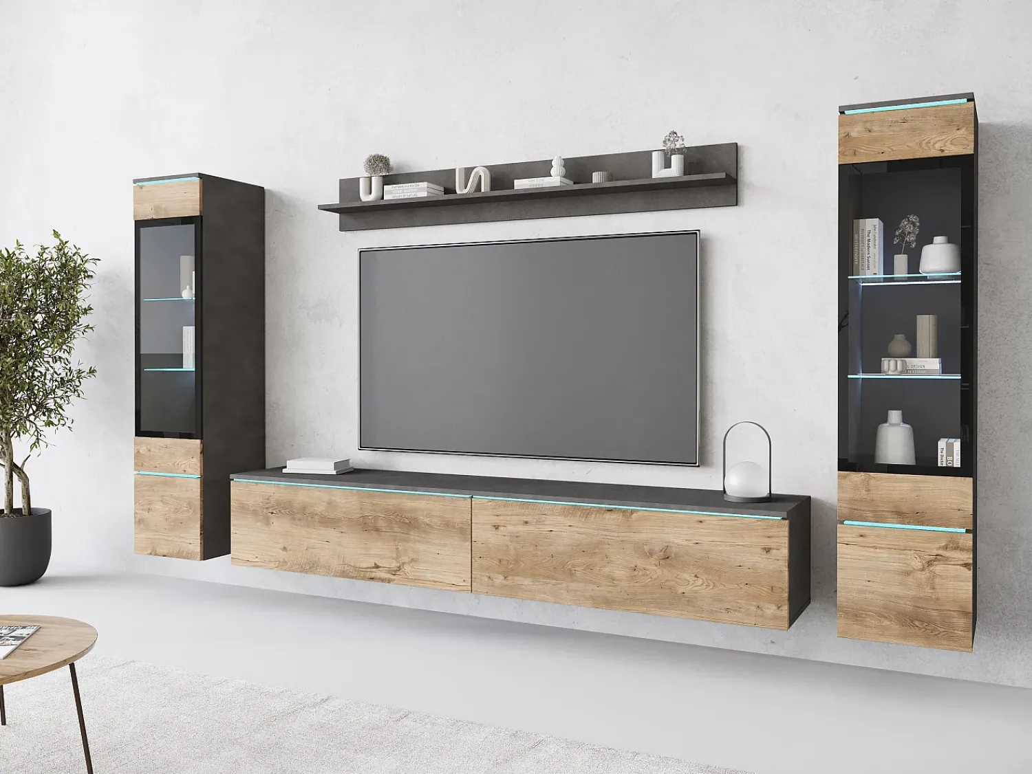 New Conjunto de sala com LED 4 elementos – móvel de TV 180 cm, 2 vitrinas e prateleira, de chão ou suspenso, corpo antracite, frentes castanho mate Multicor