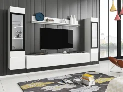 Móvel De Tv* Conjunto de sala com LED 4 elementos – móvel de TV 180 cm, 2 vitrinas e prateleira, de chão ou suspenso, corpo mate, frentes brilho Branco