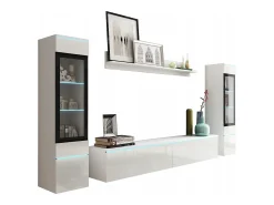 Móvel De Tv* Conjunto de sala com LED 4 elementos – móvel de TV 180 cm, 2 vitrinas e prateleira, de chão ou suspenso, corpo mate, frentes brilho Branco