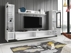 Móvel De Tv* Conjunto de sala com LED 4 elementos – móvel de TV 180 cm, 2 vitrinas e prateleira, de chão ou suspenso, corpo mate, frentes brilho Branco