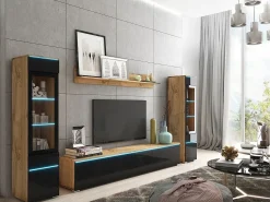 Móvel De Tv| Conjunto de sala com LED 4 elementos – móvel de TV 180 cm, 2 vitrinas e prateleira, de chão ou suspenso, corpo carvalho Wotan, frentes preto brilho Natural escuro