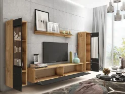 Móvel De Tv| Conjunto de sala com LED 4 elementos – móvel de TV 180 cm, 2 vitrinas e prateleira, de chão ou suspenso, corpo carvalho Wotan, frentes preto brilho Natural escuro