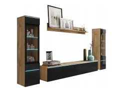 Móvel De Tv| Conjunto de sala com LED 4 elementos – móvel de TV 180 cm, 2 vitrinas e prateleira, de chão ou suspenso, corpo carvalho Wotan, frentes preto brilho Natural escuro