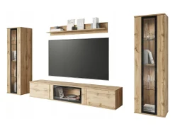 Conjunto de sala moderno com LED mate 2 vitrinas e móvel de TV 180 cm carvalho wotan^ Móvel De Tv