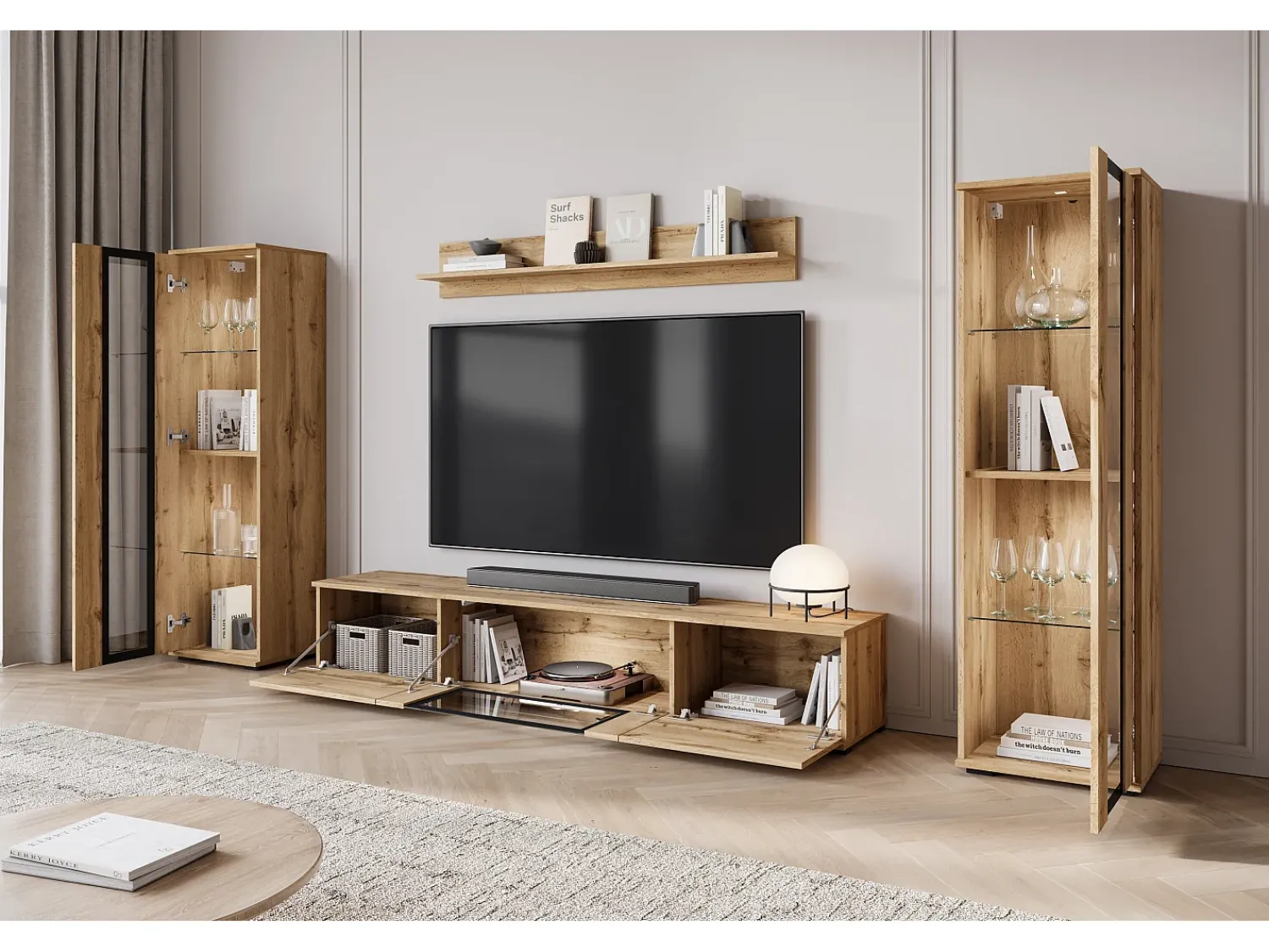 Conjunto de sala moderno com LED mate 2 vitrinas e móvel de TV 180 cm carvalho wotan^ Móvel De Tv