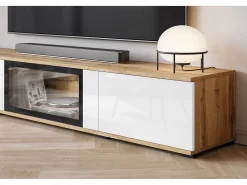 Sale Conjunto de sala moderno com LED 2 vitrinas e móvel de TV 180 cm corpo carvalho wotan frentes branco brilho Natural escuro
