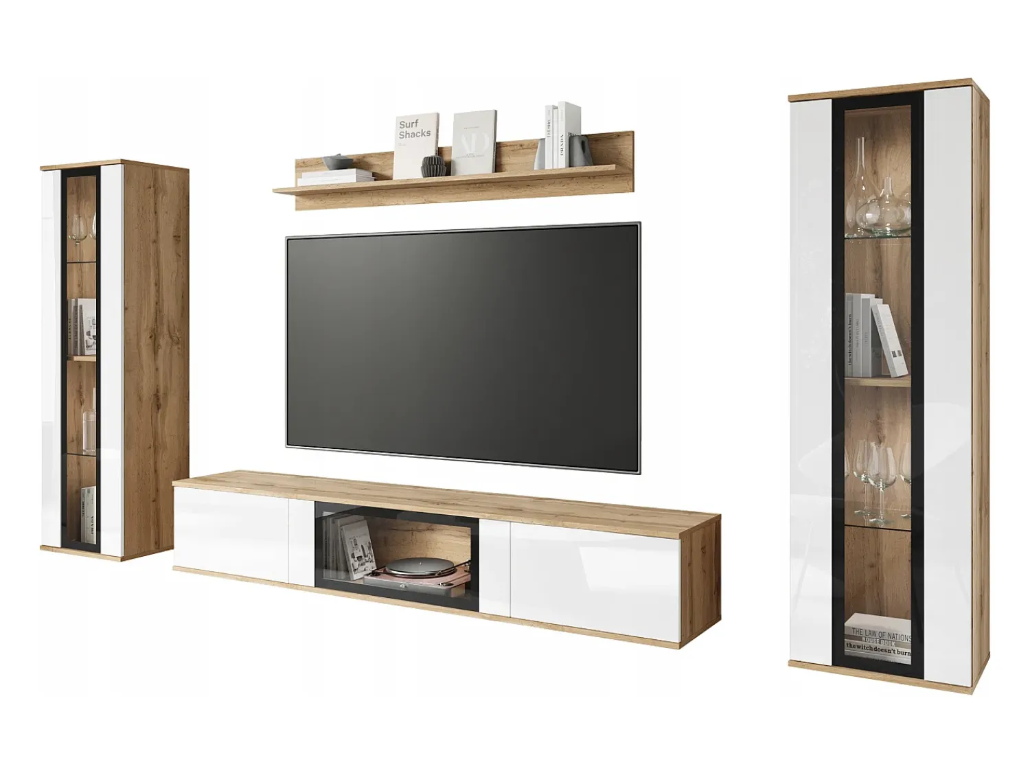 Sale Conjunto de sala moderno com LED 2 vitrinas e móvel de TV 180 cm corpo carvalho wotan frentes branco brilho Natural escuro