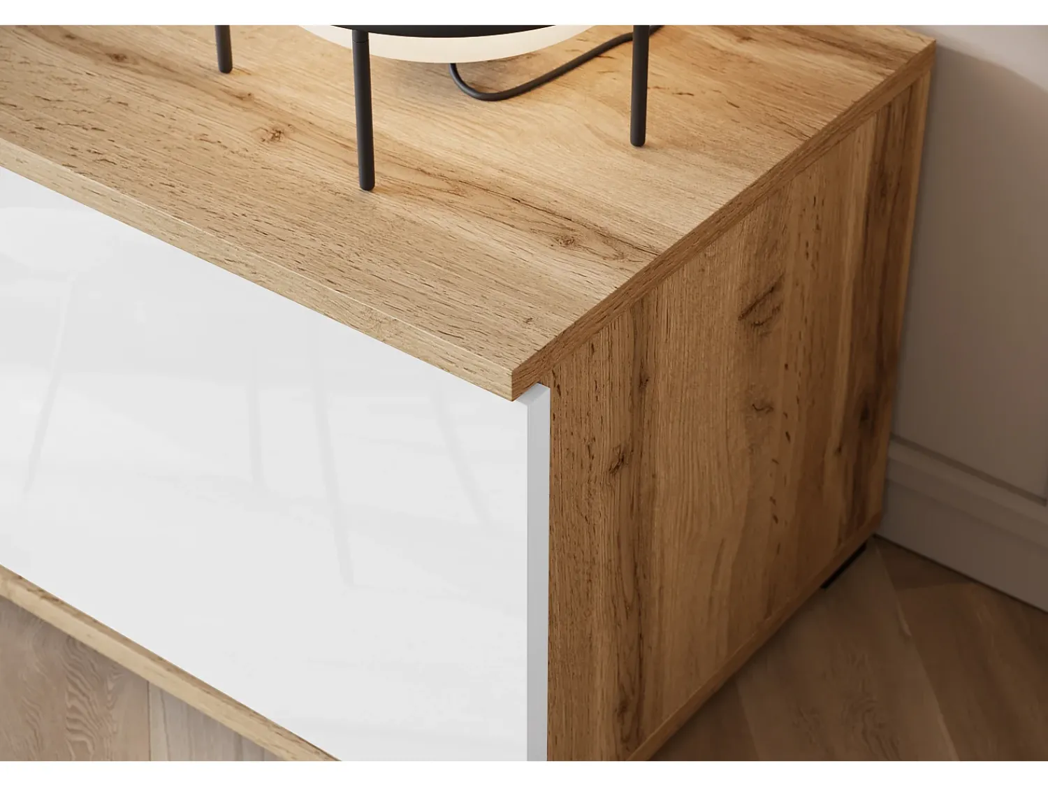 Sale Conjunto de sala moderno com LED 2 vitrinas e móvel de TV 180 cm corpo carvalho wotan frentes branco brilho Natural escuro