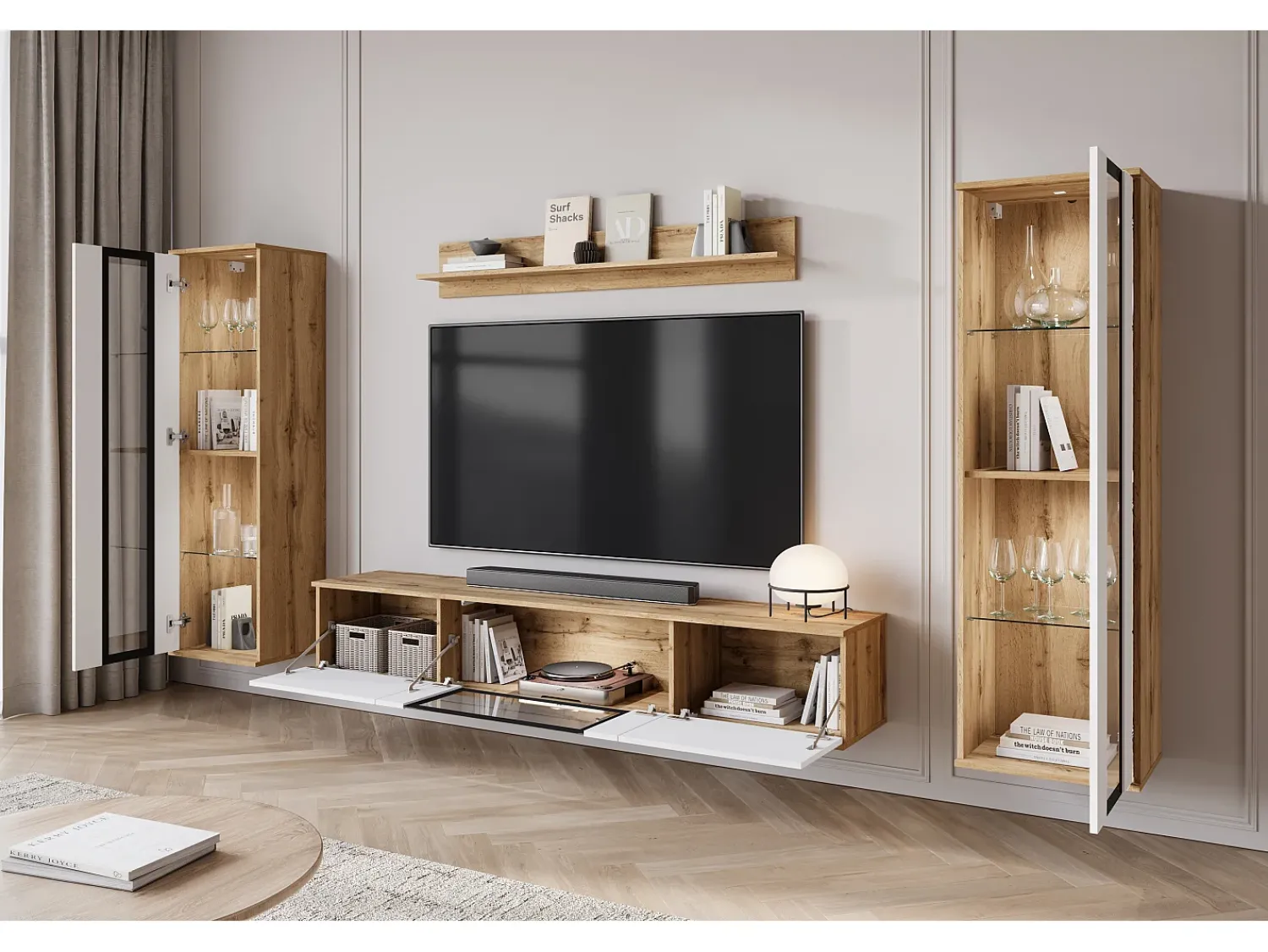 Sale Conjunto de sala moderno com LED 2 vitrinas e móvel de TV 180 cm corpo carvalho wotan frentes branco brilho Natural escuro