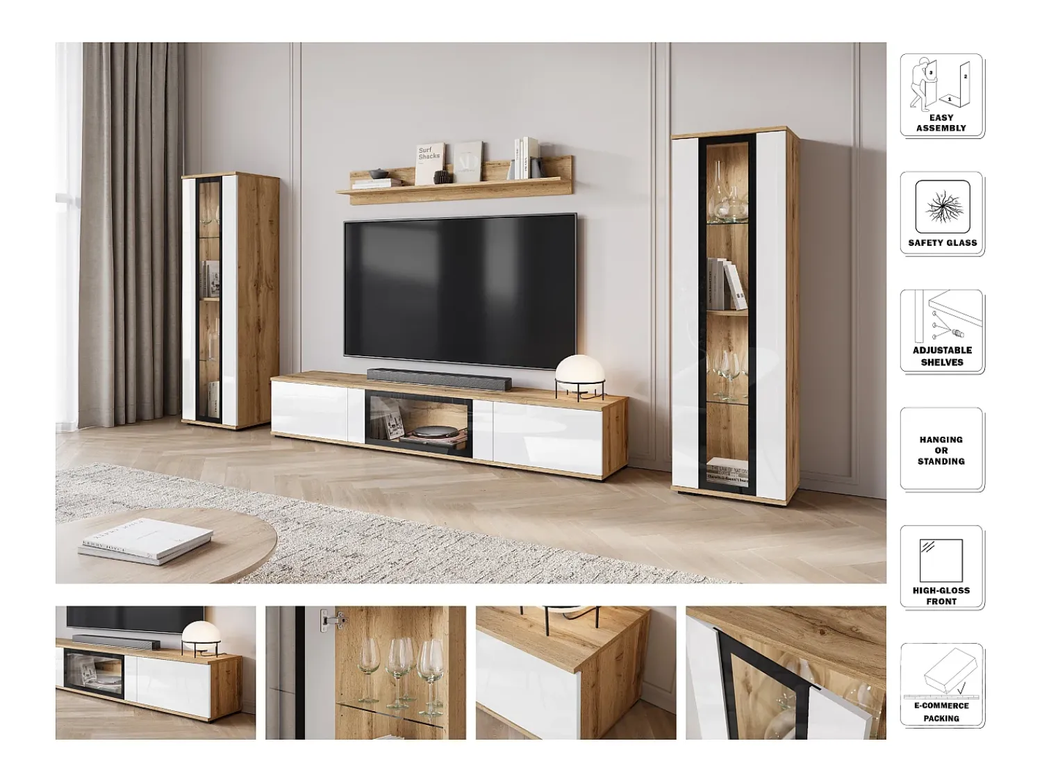 Sale Conjunto de sala moderno com LED 2 vitrinas e móvel de TV 180 cm corpo carvalho wotan frentes branco brilho Natural escuro