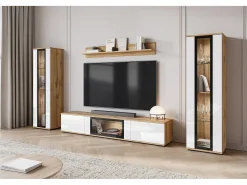 Sale Conjunto de sala moderno com LED 2 vitrinas e móvel de TV 180 cm corpo carvalho wotan frentes branco brilho Natural escuro