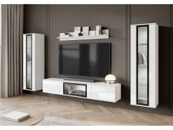 Móvel De Tv| Conjunto de sala moderno – 2 vitrinas e móvel de TV 180 cm, corpo mate frentes brilho Branco