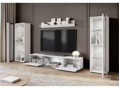 Móvel De Tv| Conjunto de sala moderno – 2 vitrinas e móvel de TV 180 cm, corpo mate frentes brilho Branco