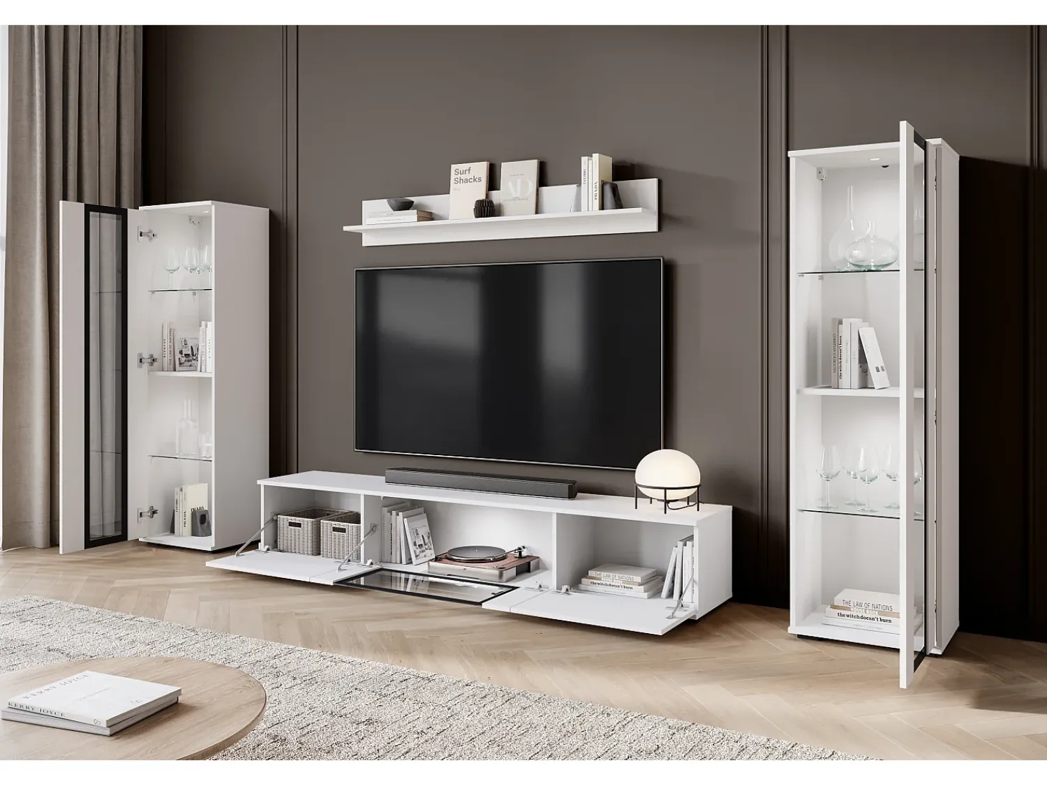 Móvel De Tv| Conjunto de sala moderno – 2 vitrinas e móvel de TV 180 cm, corpo mate frentes brilho Branco