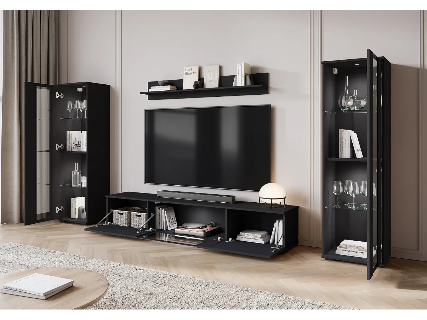 Móvel De Tv* Conjunto de sala moderno – acabamento mate, 2 vitrinas e móvel de TV 180 cm mate Preto