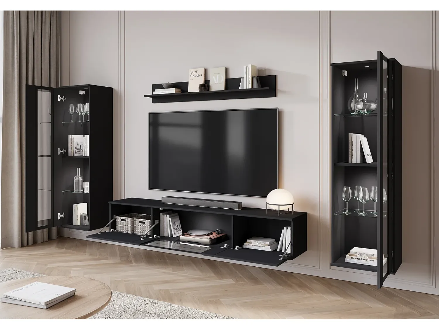 Móvel De Tv* Conjunto de sala moderno – acabamento mate, 2 vitrinas e móvel de TV 180 cm mate Preto