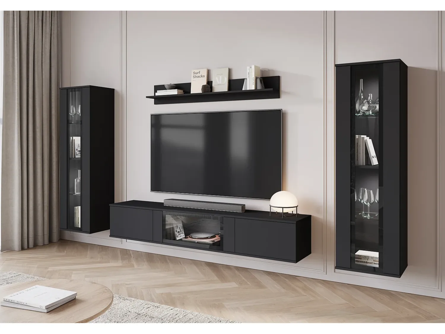 Móvel De Tv* Conjunto de sala moderno – acabamento mate, 2 vitrinas e móvel de TV 180 cm mate Preto