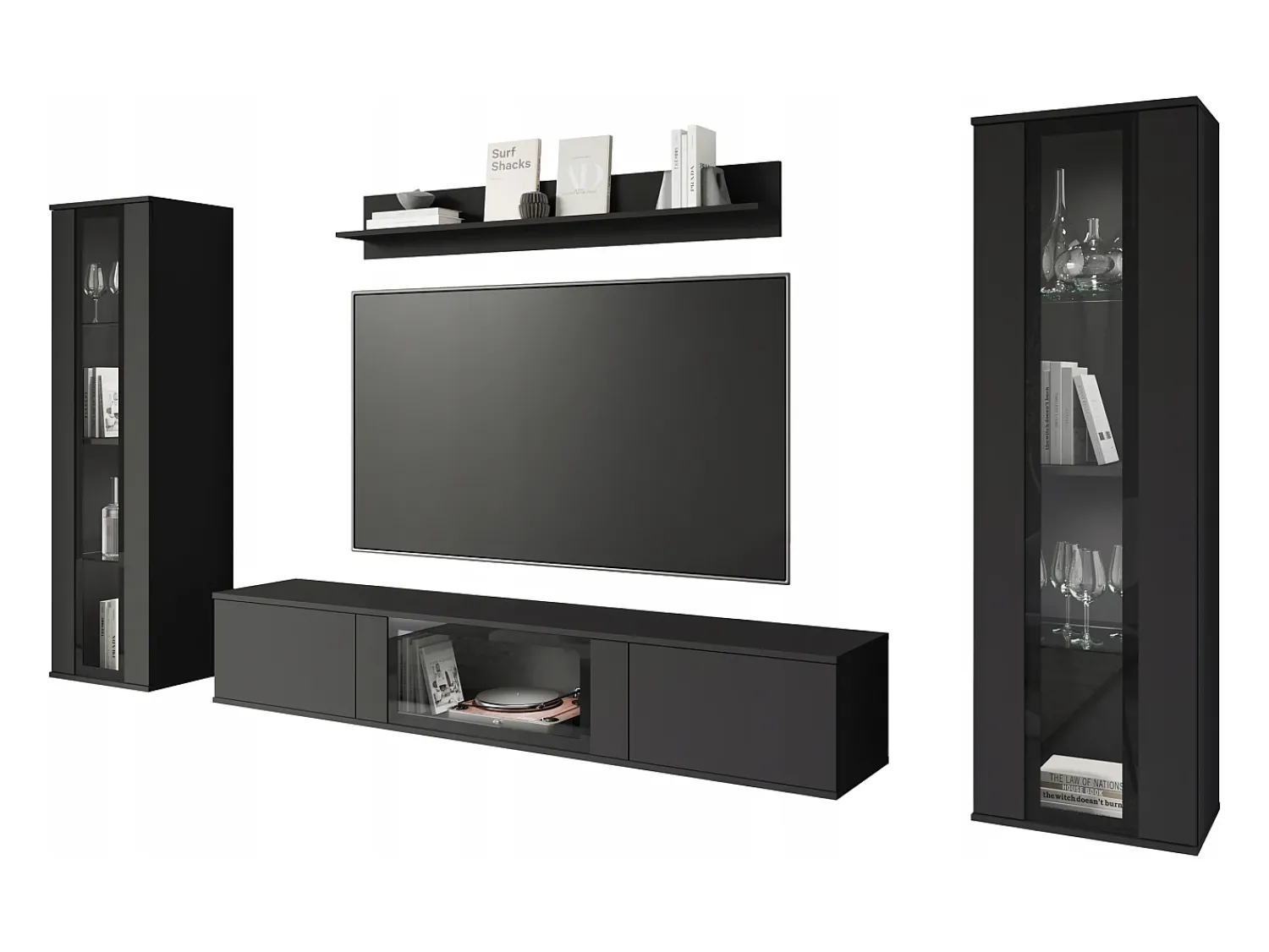 Móvel De Tv* Conjunto de sala moderno – acabamento mate, 2 vitrinas e móvel de TV 180 cm mate Preto